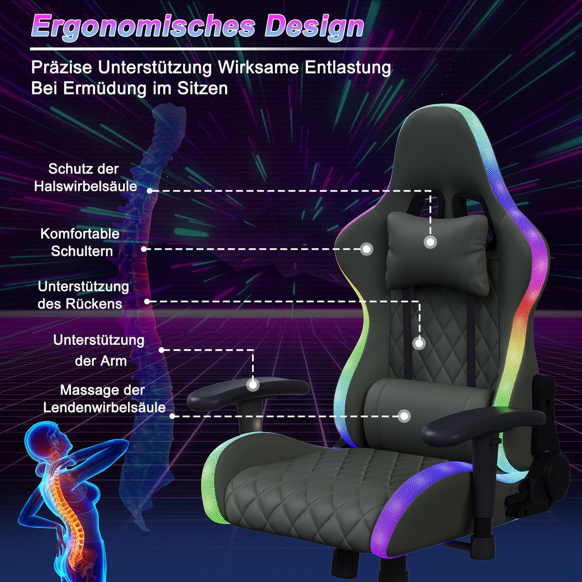 GAMINGSTUHL RGB LED Massage verstellbar ergonomisch schwarz - Schwarz, Holz (68/133/68cm) - LEBENLANG