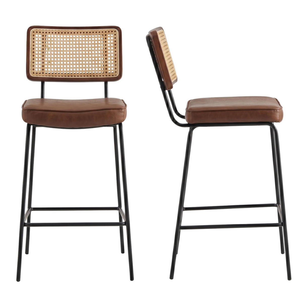 BARHOCKER 2er-Set Vintage PU-Leder Rattan-Optik Holz & Metall - Braun, Leder (46.2/96.5/59.8cm) - Urban Meuble