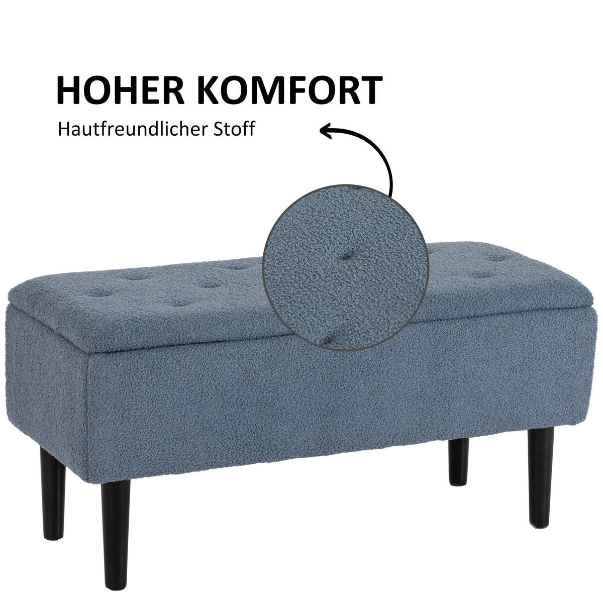 SITZBANK mit Stauraum, Bettbank, Polsterbank mit Klappdeckel, Samt, Blau - Blau, Kunststoff (38/45/95cm) - HOMCOM