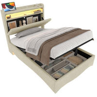 POLSTERBETT 90/200 cm beige aus Leinen mit LED und Stauraum - Beige, Textil (90/200cm) - OKWISH