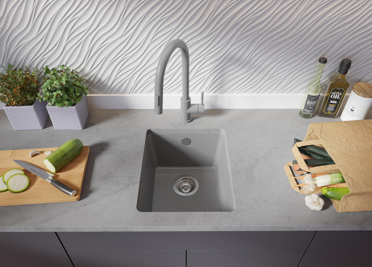 UNTERBAUSPÜLE GRANIT Venedig Easy, 2-er set Grau 36/44 cm 1 Becken + Küchenarmatur 40/20 cm + Ablauf-Set ab 40er Unterschrank - Grau, Kunststoff (36/20/44cm) - Primagran