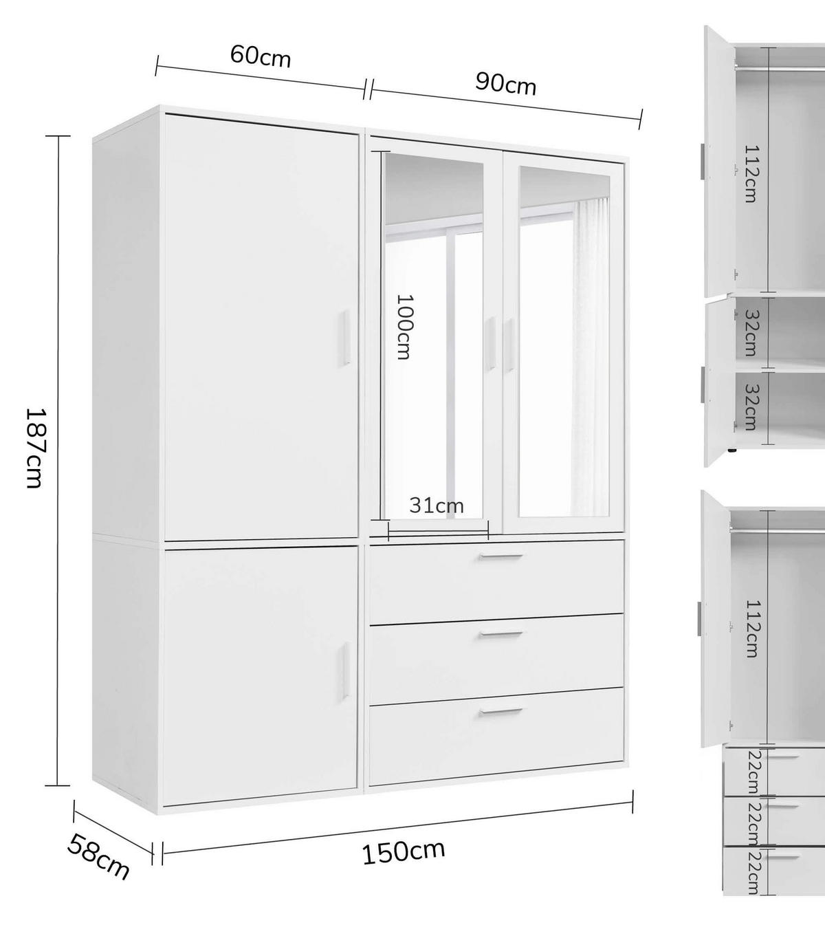 KLEIDERSCHRANK mit Spiegel Der Grenzenlose - Weiß, Holzwerkstoff (150/187/58cm) - Mokebo