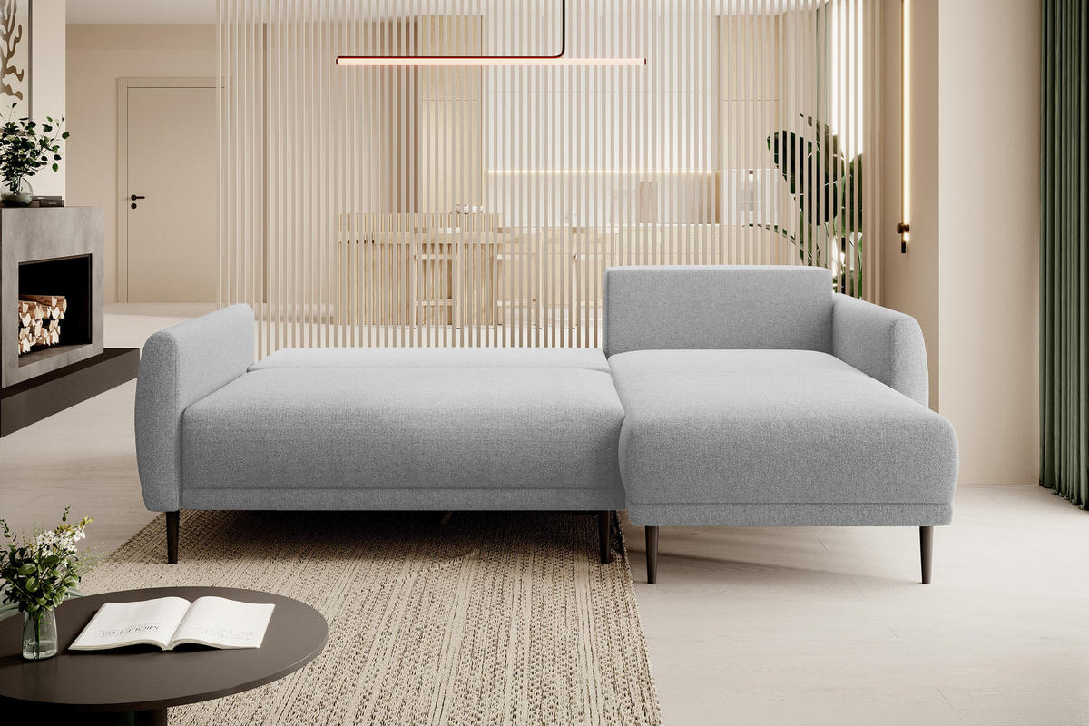 ECKSOFA Bono – Stilvolles Sofa mit Schlaffunktion, Robuste Holzfüße, Elegante Armlehnen, Tiefe Sitzfläche 226x164x88 cm – Rechte, Esche - Silberfarben, Holz/Textil (226/164cm) - DomoHome