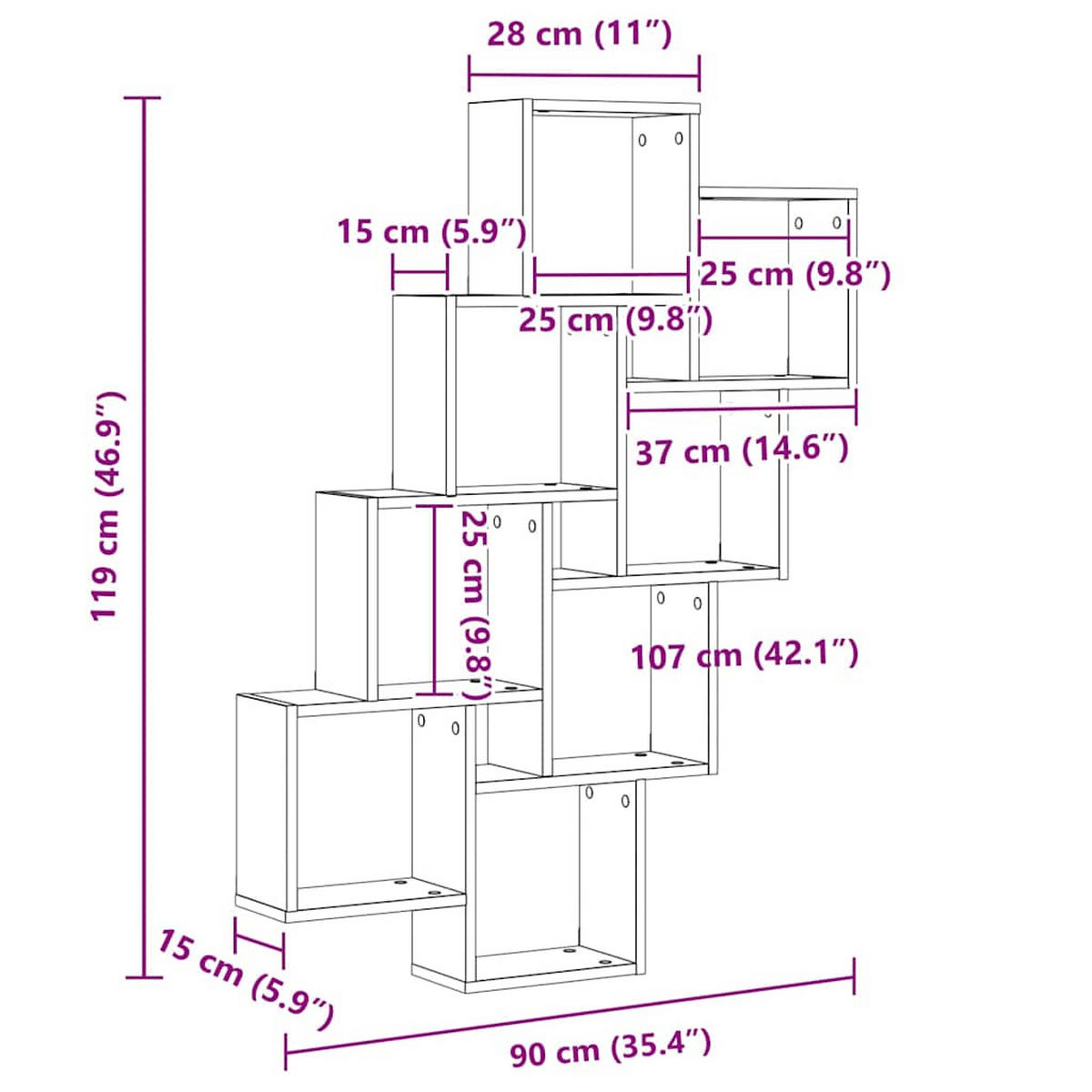 WANDREGAL mit 11 Fächern 90/15/119 cm aus Holzwerkstoff Sonoma-Eiche Dekor - Sonoma Eiche, Holz (90/119/15cm) - vidaXL