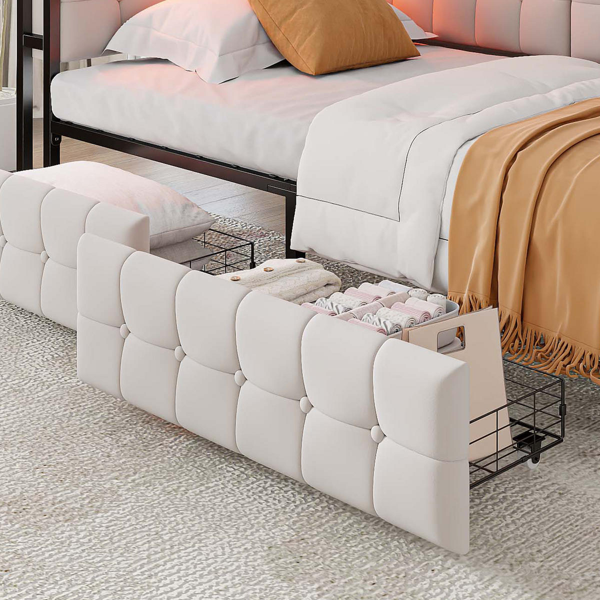 POLSTERBETT 90/200 cm Beige mit Stauraum mit LED-Beleuchtung und USB- und Type-C-Anschlüssen - Beige, Textil (90/200cm) - OKWISH