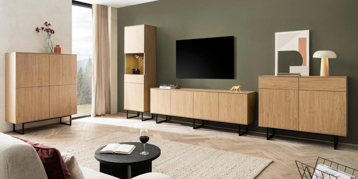 SIDEBOARD Stone Eiche, Kommode 115 x 98 cm, mit Push-to-Open - Eichefarben/Schwarz, Holzwerkstoff/Metall (115/98/40cm) - Furn.Design