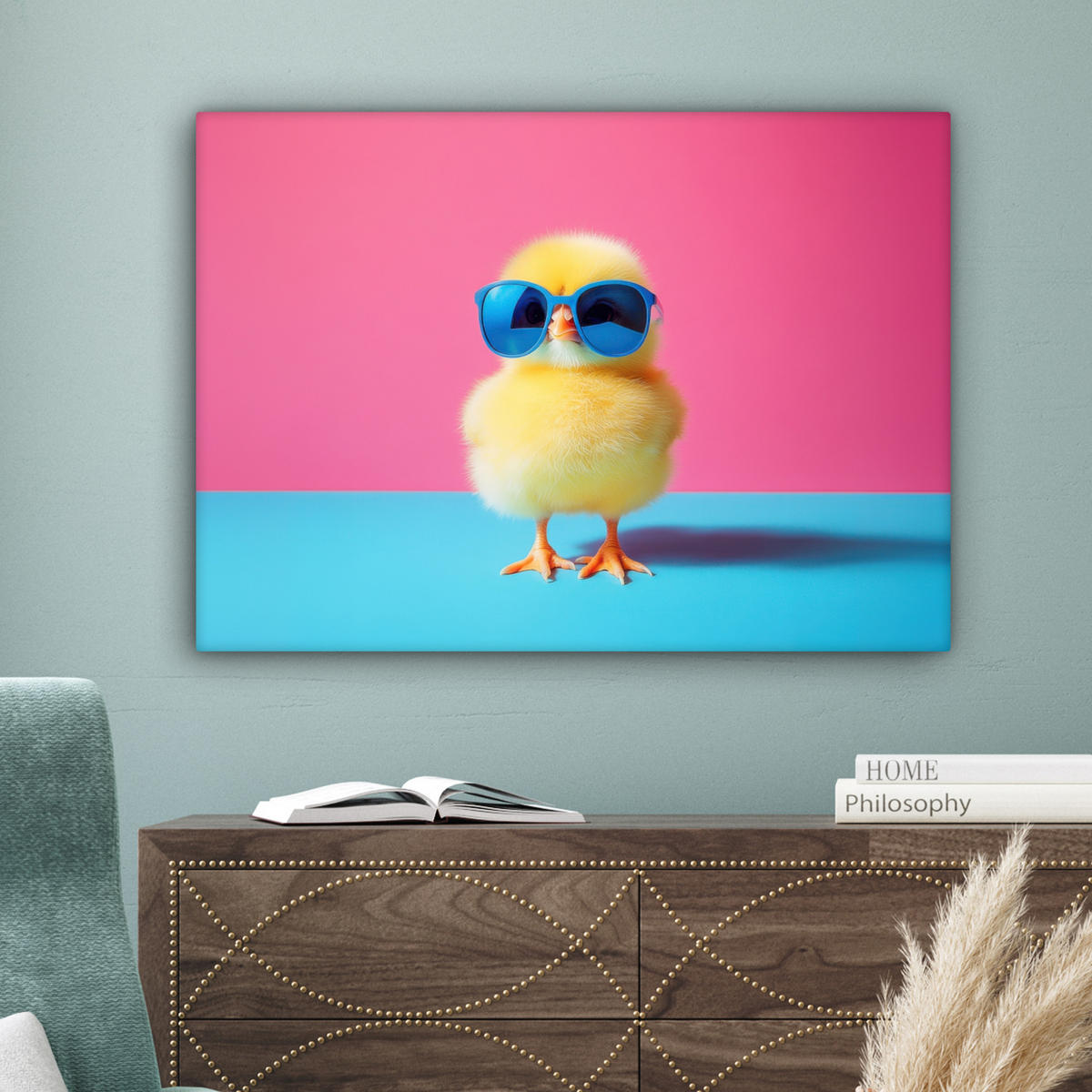 LEINWANDBILD Chick - Sonnenbrille - Blau Wandbilder 80x60 cm - Pink/Gelb, Textil (80/60cm) - MuchoWow