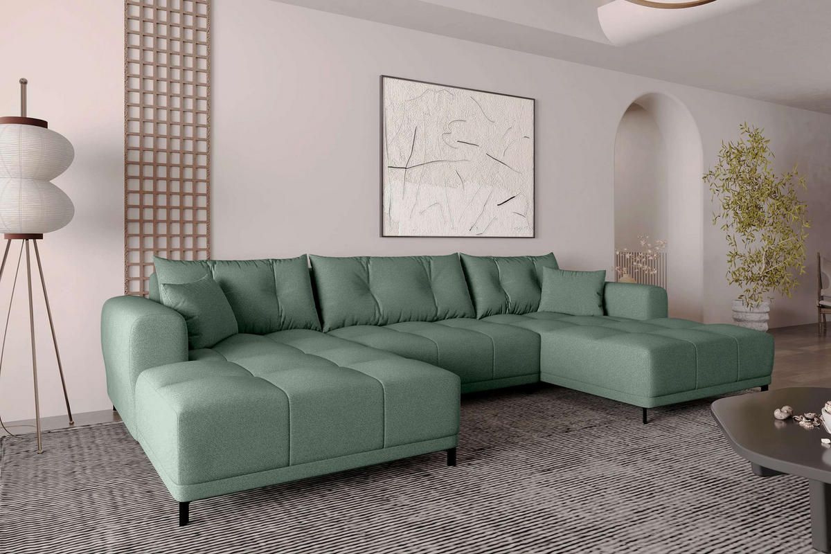 WOHNLANDSCHAFT Strukturstoff Salbeigrün inkl. Schlaffunktion - Salbeigrün/Schwarz, Textil/Metall (348/94/181cm) - 99rooms