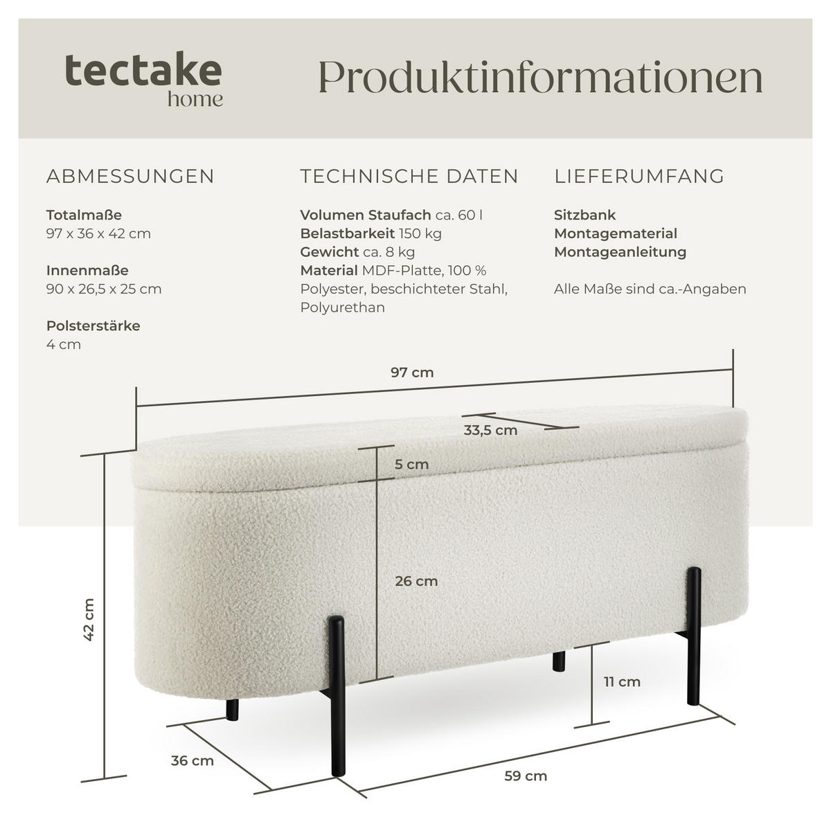 SITZBANK Lanja,97 x 36 x 42 cm,Bouclé creme-weiß - Creme/Weiß, Holz (36/42/97cm) - tectake