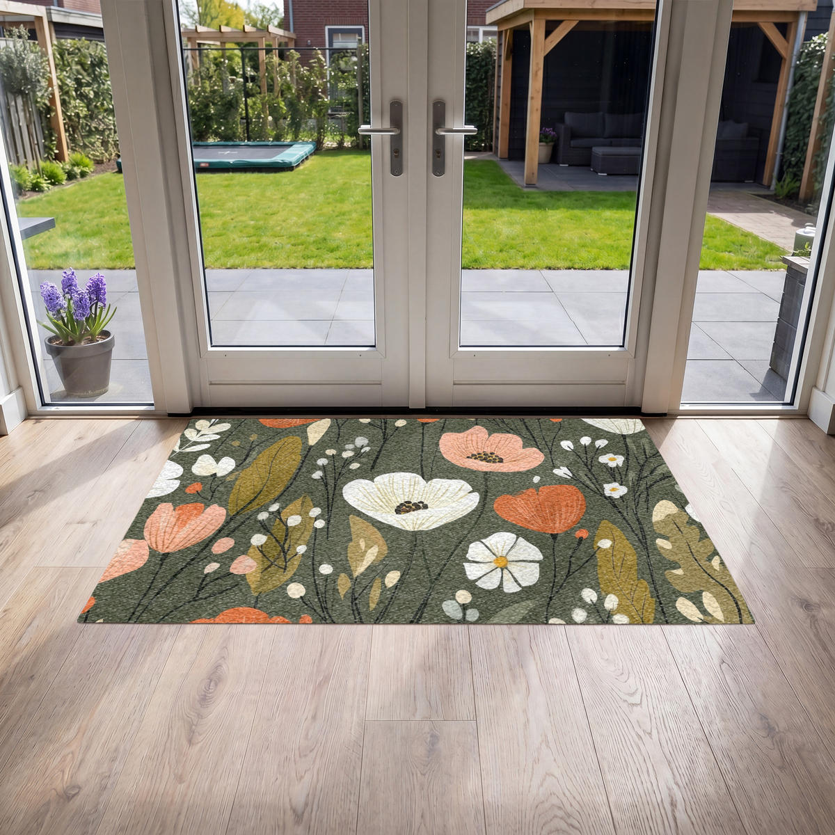 FUSSMATTE Blumen - Illustration - Grün Flurteppich 150x90 cm - Dunkelgrün, Kunststoff (150/90cm) - MuchoWow