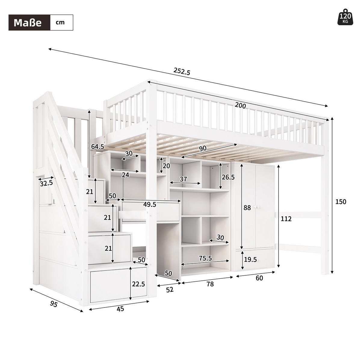 HOCHBETT 90/200 cm in Weiß mit Schreibtisch, Treppe und Kleiderschrank - Weiß, Holzwerkstoff (90/200cm) - Flora Grace