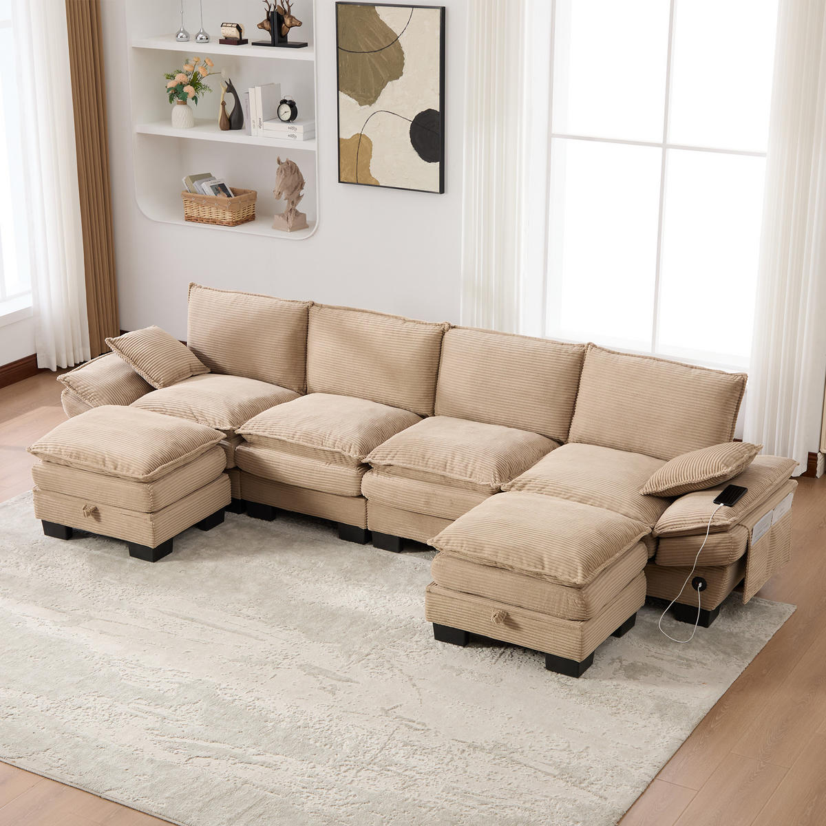 WOHNLANDSCHAFT Cord Khaki mit USB-C, Seitentaschen und 2 Hockern - Hellbraun, Holzwerkstoff/Kunststoff (330/84/132cm) - WISHDOR