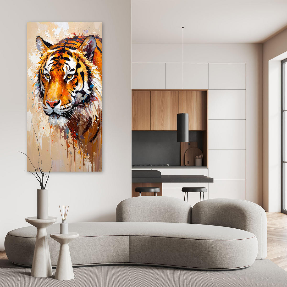 LEINWANDBILD Tiger Tiere Afrika Ölfarbe 50x100cm - Orange, Textil (50/100cm) - Feeby