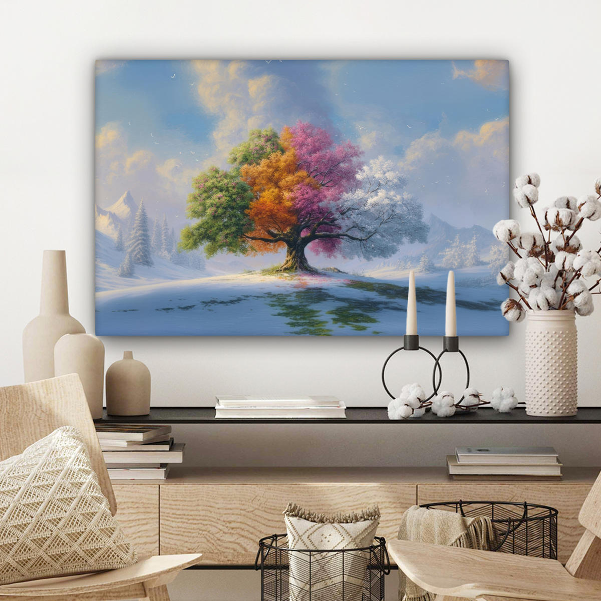 LEINWANDBILD Baum - Jahreszeiten - Winter - Landschaft Gemälde 60x40 cm - Multicolor, Textil (60/40cm) - MuchoWow