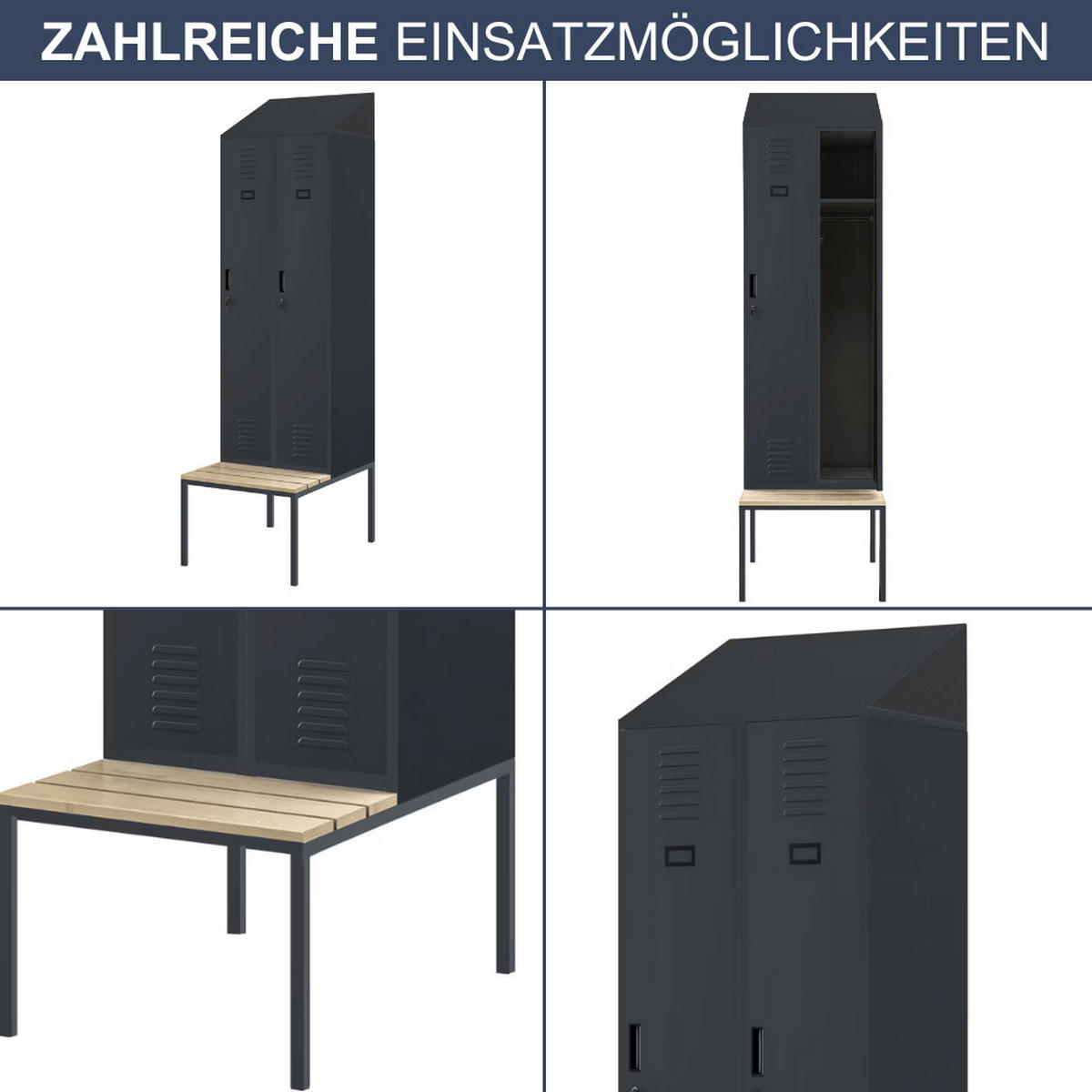 UMKLEIDESCHRANK Spind mit Sitzbank BARCA 2 Abteile 229,5x60x85cm Anthrazit - Anthrazit, Metall (60/229.5/85cm) - DELUKE