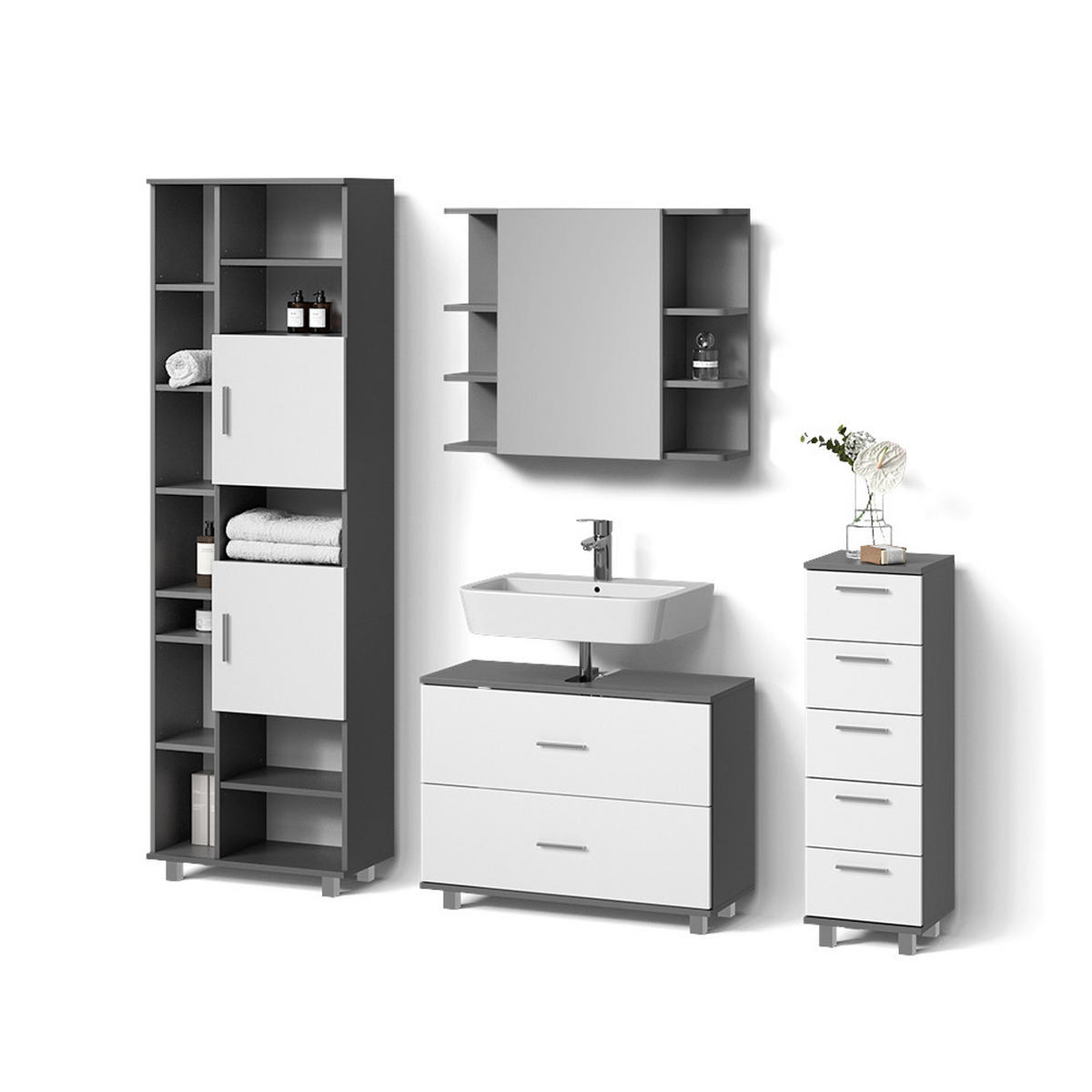 BADMÖBEL-SET Eisak Weiß/Anthrazit 4 Teile, mit Hochschrank - Anthrazit/Weiß, Holzwerkstoff (80/60/33cm) - Livinity®