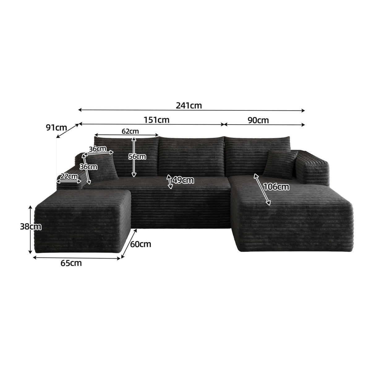 ECKSOFA 241 cm aus Stoff mit Cordbezug und ohne Montage Schwarz - Schwarz, Textil (151/241cm) - Modenvie