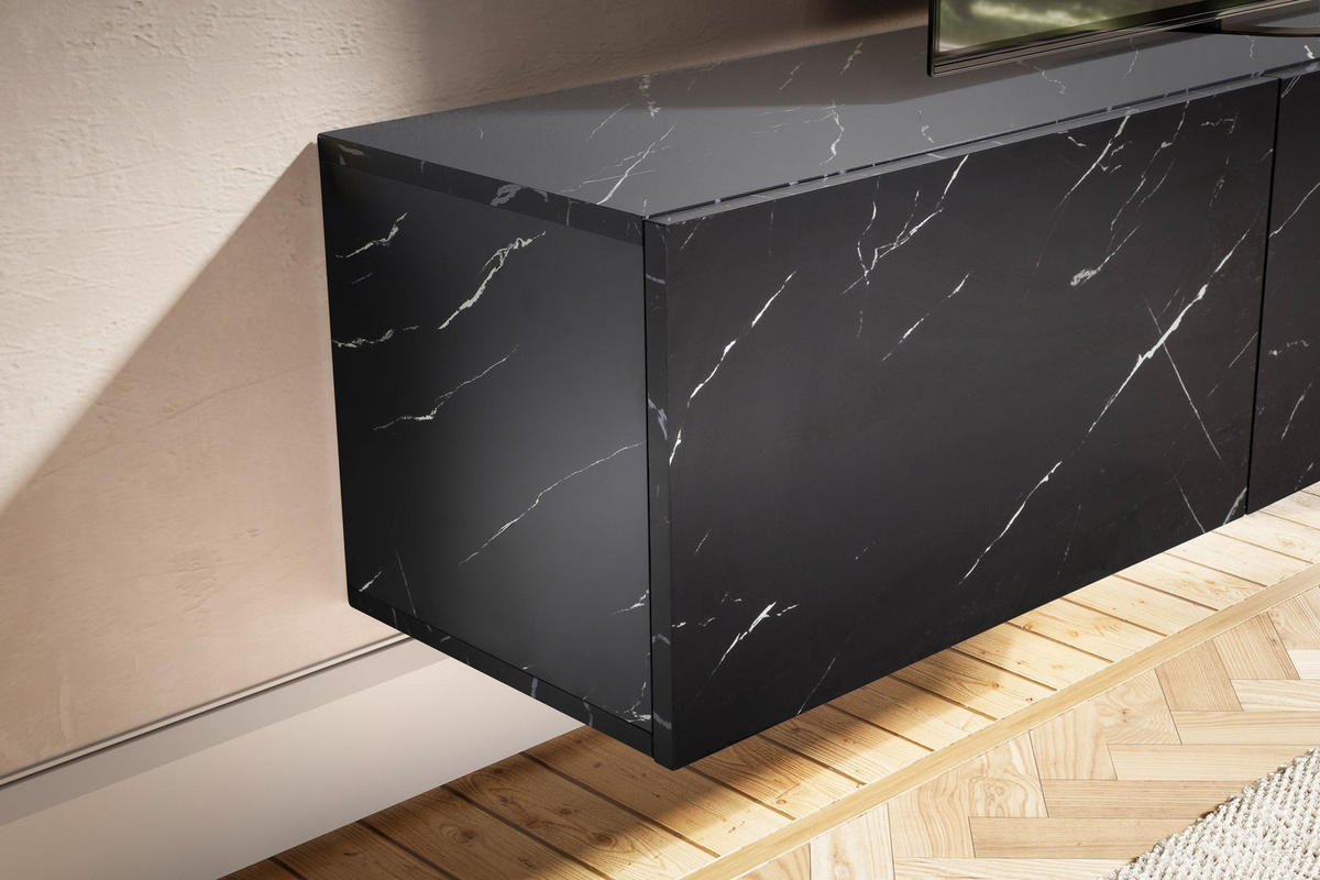 TV-LOWBOARD hängend groß, Marmor-Optik, Klapptüren, modern, Schwarz 160x30x30 cm - Schwarz, Metall (160/30/30cm) - KADIMA DESIGN