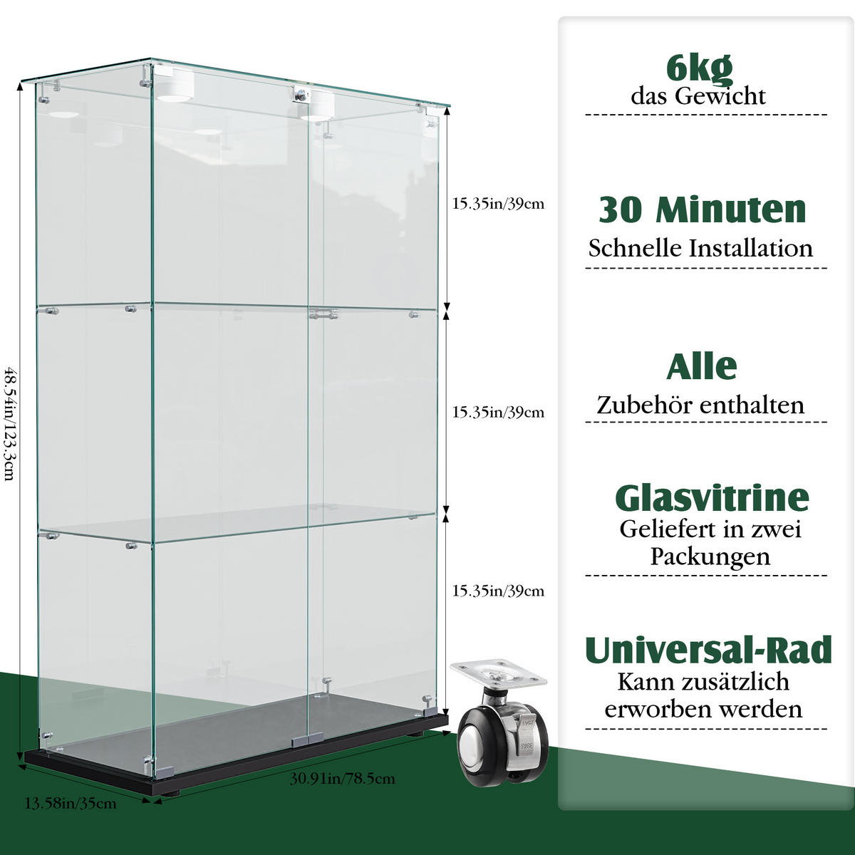 GLASVITRINE Schwarz Mit LED, 2 Türen, 3 Regalen & Schloss - Schwarz, Holz (35/123.3/78.5cm)