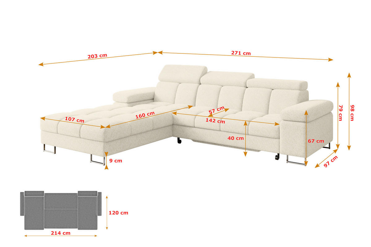 ECKSOFA mit Schlaffunktion Ottomane Links COMA L 271x203x79 Creme Tissu - Creme, Holzwerkstoff/Textil (271/203cm) - ALTDECOR