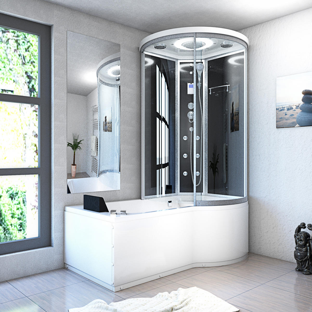 WHIRLPOOL Wanne Duschkabine sw K55-L31-WP-EC 170x1 - Schwarz, Glas/Kunststoff (98/220/170cm) - AcquaVapore by Sandra Jentho