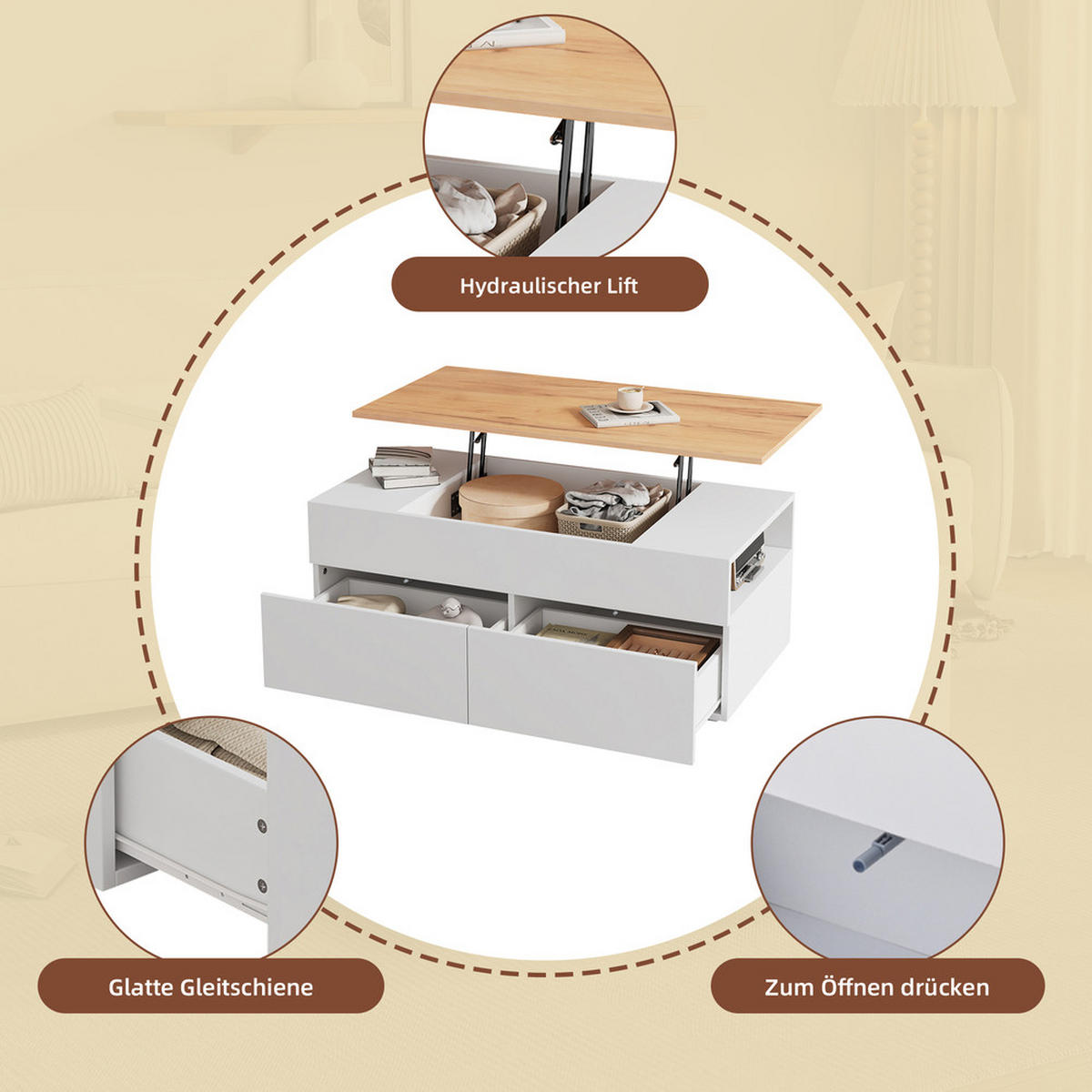 COUCHTISCH 100x50cm Weiß Holzoptik Höhenverstellbar 2 Schubladen Stauraum - Weiß, Holz (111.13/58.42/11.43cm) - FLIEKS