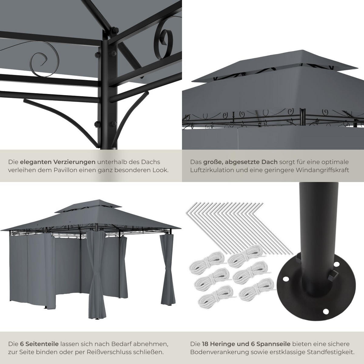 GARTENPAVILLON Emine,inklusive Spannseilen und Heringen,anthrazit - Anthrazit, Kunststoff (300/265/400cm) - tectake