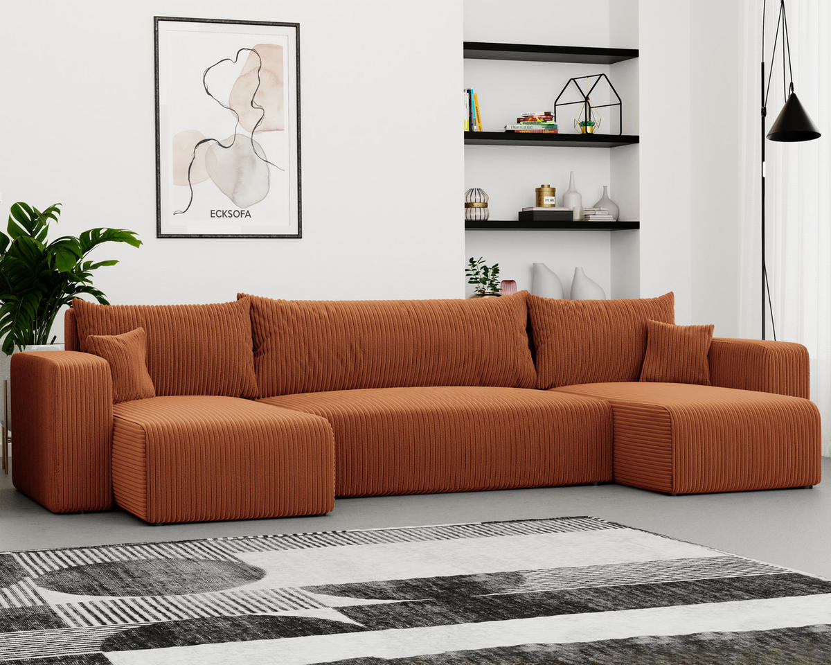 WOHNLANDSCHAFT mit Schlaffunktion und Bettkasten, Orange - Orange, Holzwerkstoff/Textil (318/79/145cm) - Idohome