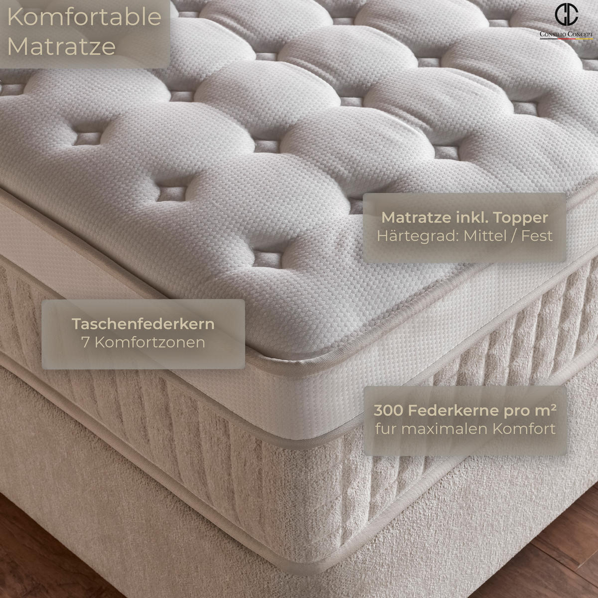 BOXSPRINGBETT MIT BETTKASTEN LUXOR 180/200 cm, Ivory, Bettkasten, Matratze, Topper integriert, H3 mittel 7-Zonen Matratze - Creme/Schwarz, Holz/Kunststoff (180/200cm) - Consilio Concept