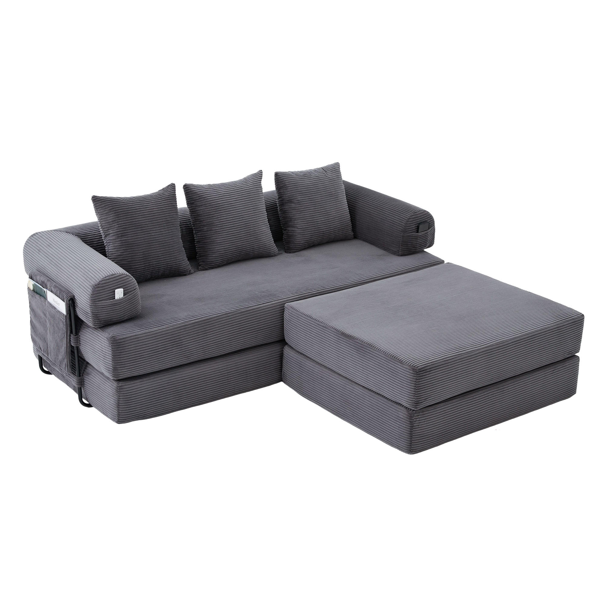 ECKSOFA Cord Dunkelgrau mit Hocker, Kissen und Seitentasche - Dunkelgrau, Textil/Metall (218/285cm) - WISHDOR