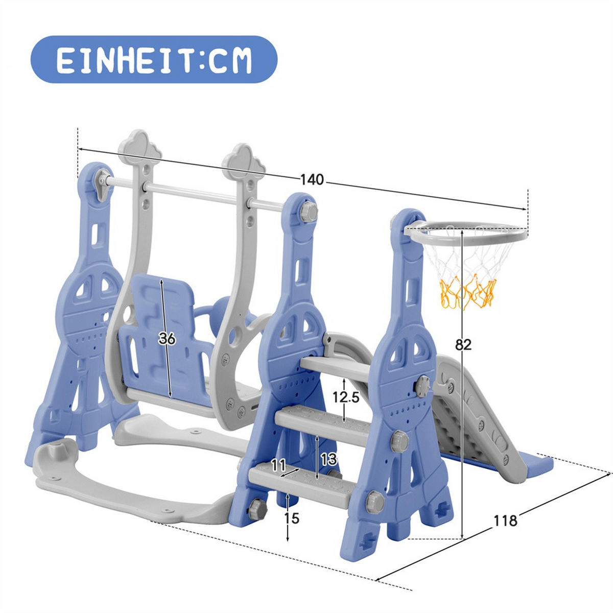 KINDERRUTSCHE mit Klettergerüst, Schaukel, Basketballkorb und Leiter - Blau-Grau - 4-in-1 Multifunktions-Spielplatz - Blau, Kunststoff (118/85/140cm) - DELFA