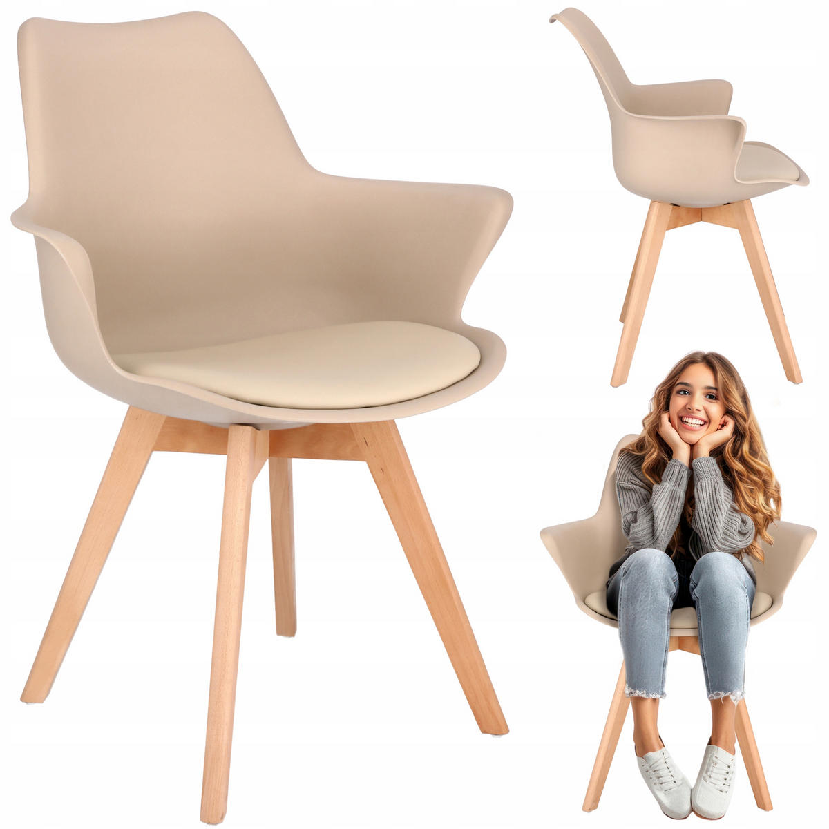 STUHL Orlean - beige - Beige/Buchefarben, Leder/Holz (63/83/59cm) - JuMi