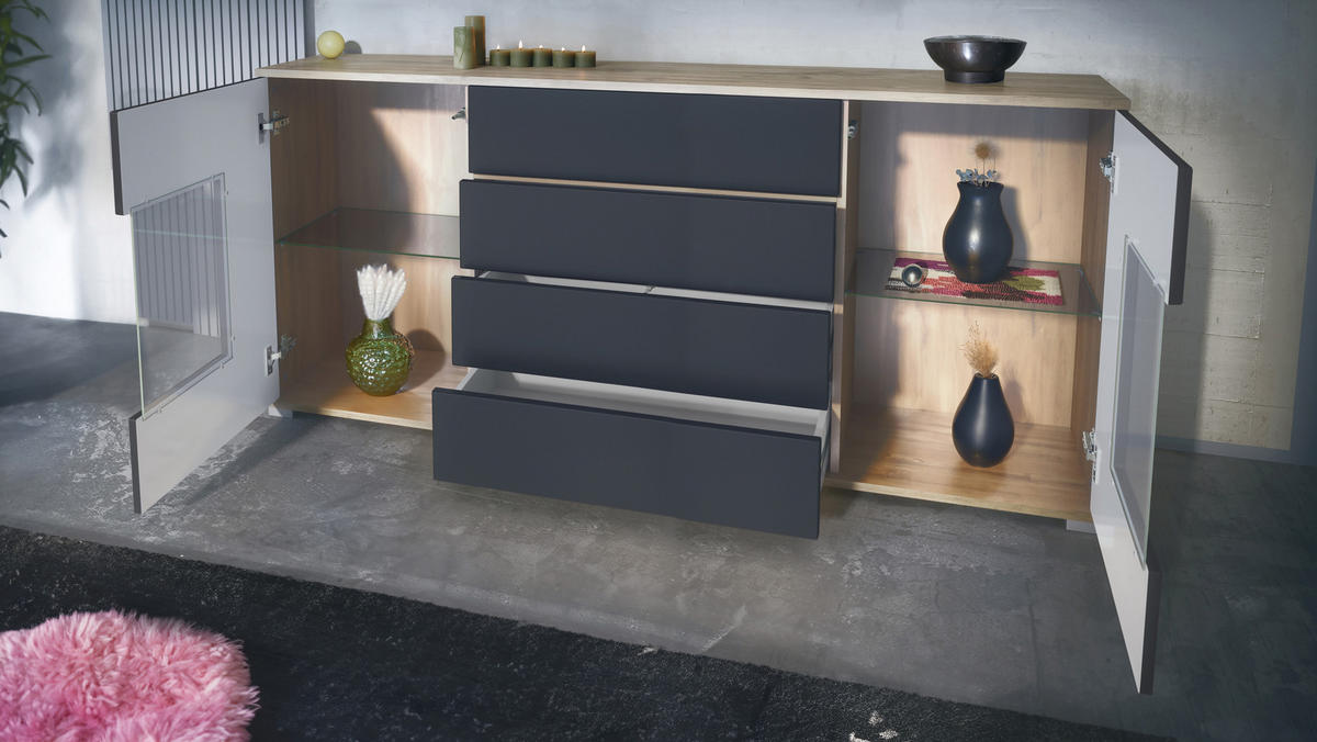 SIDEBOARD Grömitz Sandgrau Hochglanz - Sandfarben, Holzwerkstoff (166.5/75.5/35cm) - Vladon