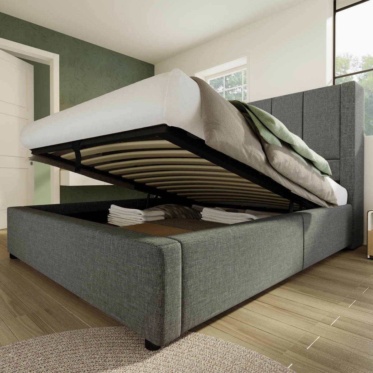 POLSTERBETT mit Stauraum und Ladestation 90x200 cm Leinen Grau - Grau, Metall (90/200cm) - Meubliv