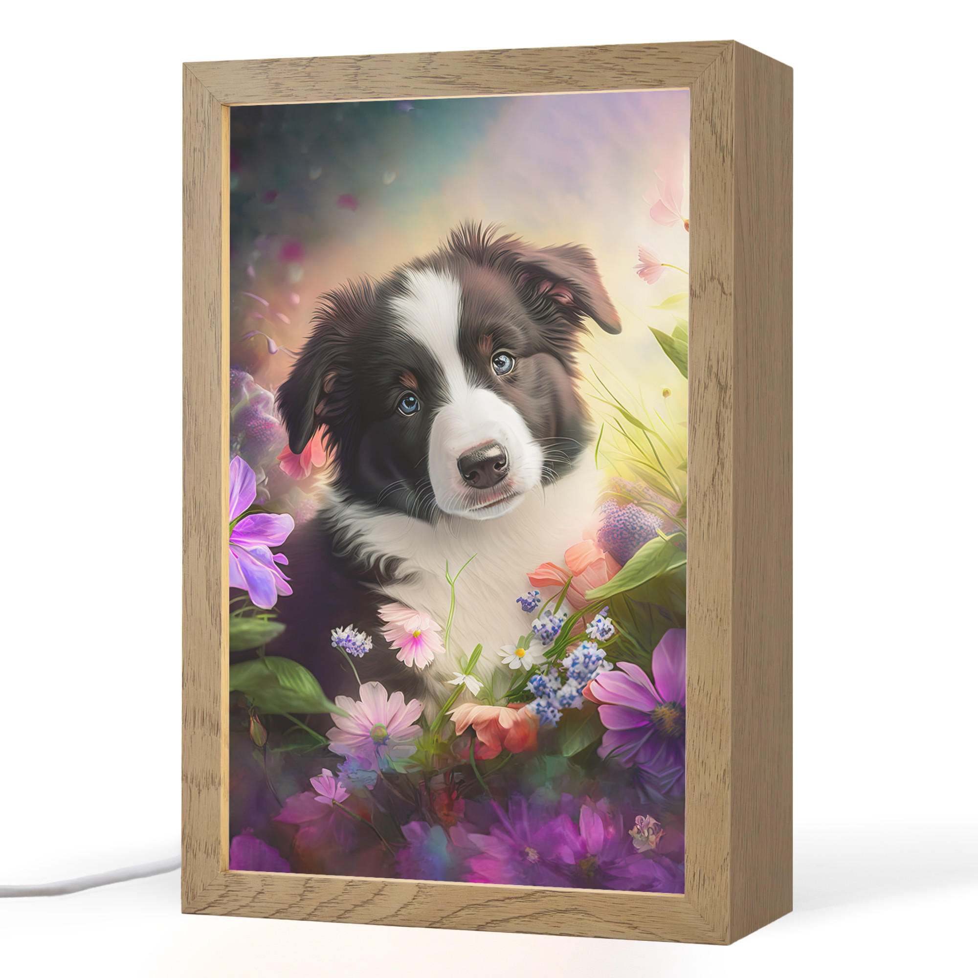 NACHTTISCHLAMPE Welpe - Sonne - Blumen - Natur - Border Collie - Hund 20x30 cm - Violett, Holzwerkstoff (8/20/30cm)