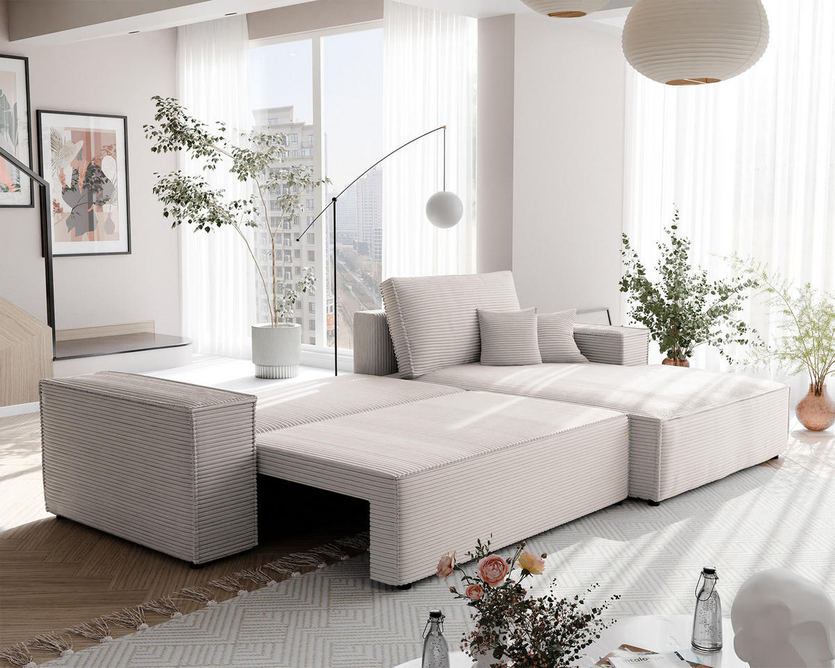 ECKSOFA NOVA mit Schlaffunktion und Bettkasten Creme - Creme, Holzwerkstoff/Kunststoff (250/90cm) - Idohome