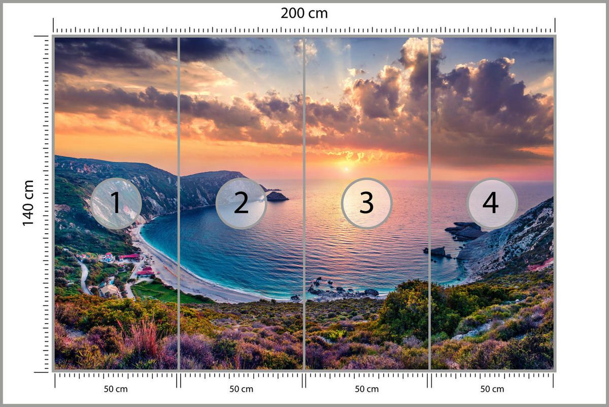 FOTOTAPETE Meer Blumen Sonnenuntergang Landschaft 3D 200x140 - Türkis/Blau, Papier (200/140cm) - Muralo