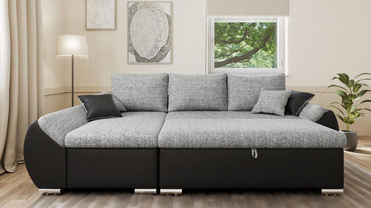 ECKSCHLAFSOFA ALEX – Grau + Schwarz (Lawa 05 + Soft 11) + Hocker - Links - Grau, Holzwerkstoff/Metall (275/155cm) - Möblo