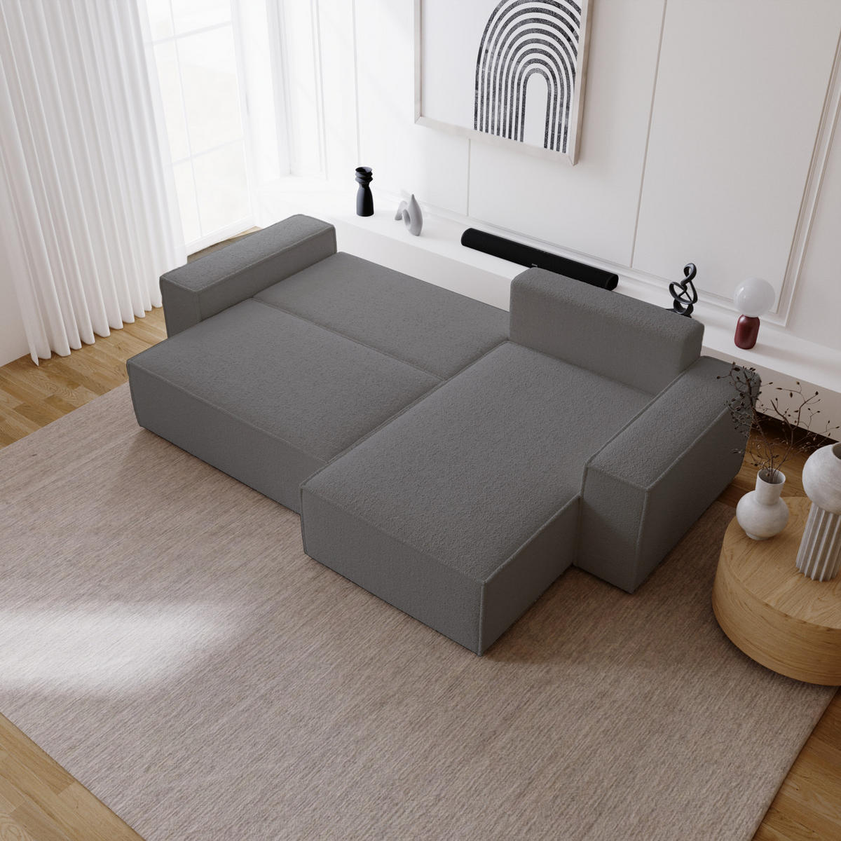 ECKSOFA Bouclé 280 cm Bergamo L mit Bettkasten, Schlaffunktion, Rechts - Dunkelgrau - Dunkelgrau, Holz (189/277cm) - Emporius