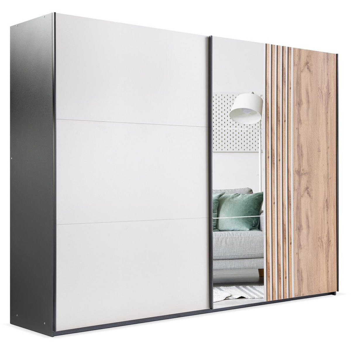 SCHWEBETÜRENSCHRANK Evia mit 2 Türen und Spiegel, 250 cm - Eiche Wotan/Schwarz, Holzwerkstoff (250/215/65cm) - Beautysofa