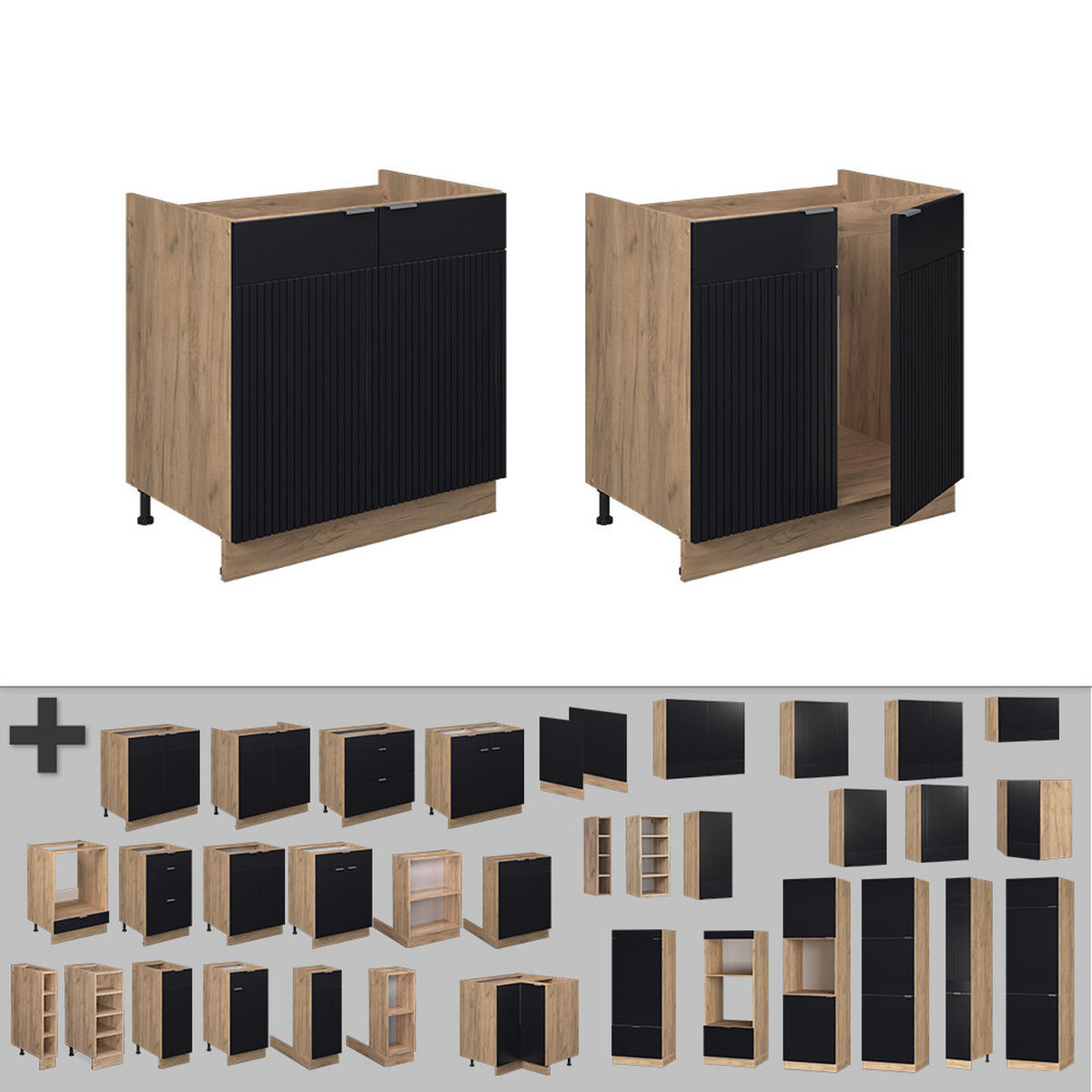 SPÜLENUNTERSCHRANK Fame-Line, Schwarz gestreift, 80 cm, AP Marmor - Eiche Wotan/Schwarz, Holzwerkstoff (80/82/60cm) - Vicco