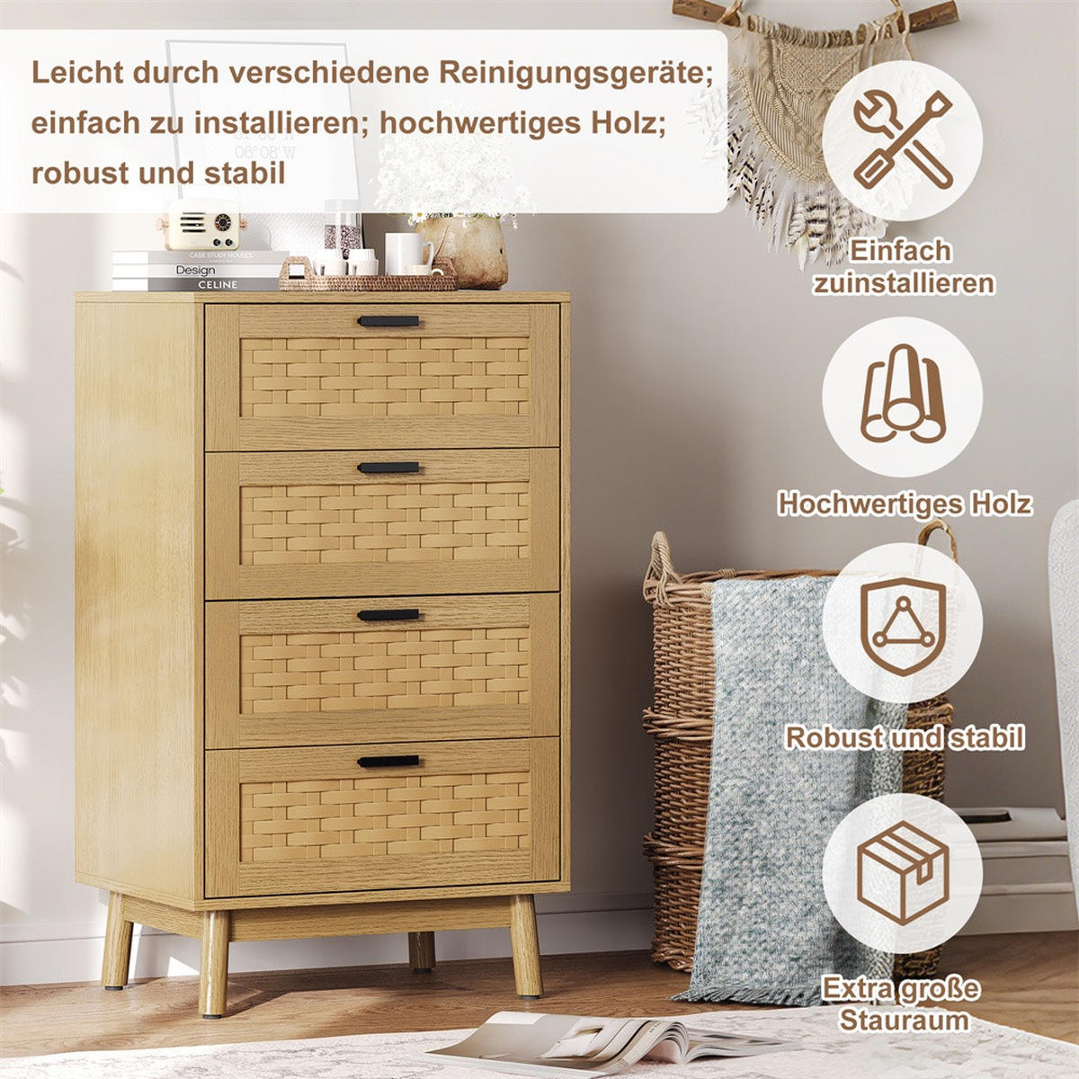 KOMMODE mit 4 Schubladen - pflegeleichtes PVC-Geflecht und Holzbeine - für Wohnzimmer&Schlafzimmer - Eiche-Optik - Eichefarben, Holzwerkstoff (39.8/95/55cm) - DELFA