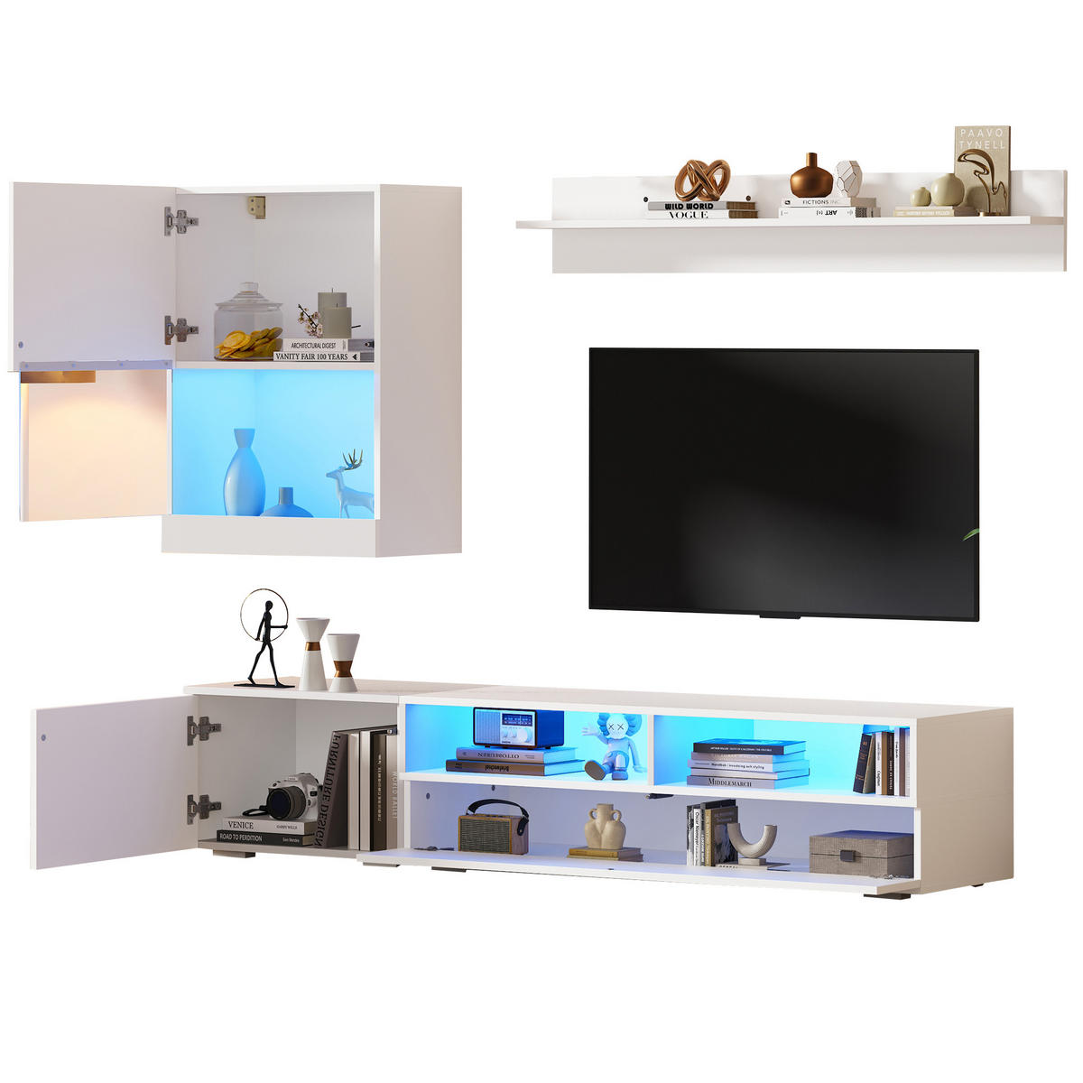 TV-ELEMENT3-TLG 175cm TV-Wohnwand-Set Weiß Hochglanz mit LED für TVs bis 80 Zoll - Weiß, Holz (64.64/13.46/84.71cm) - Raelunyi