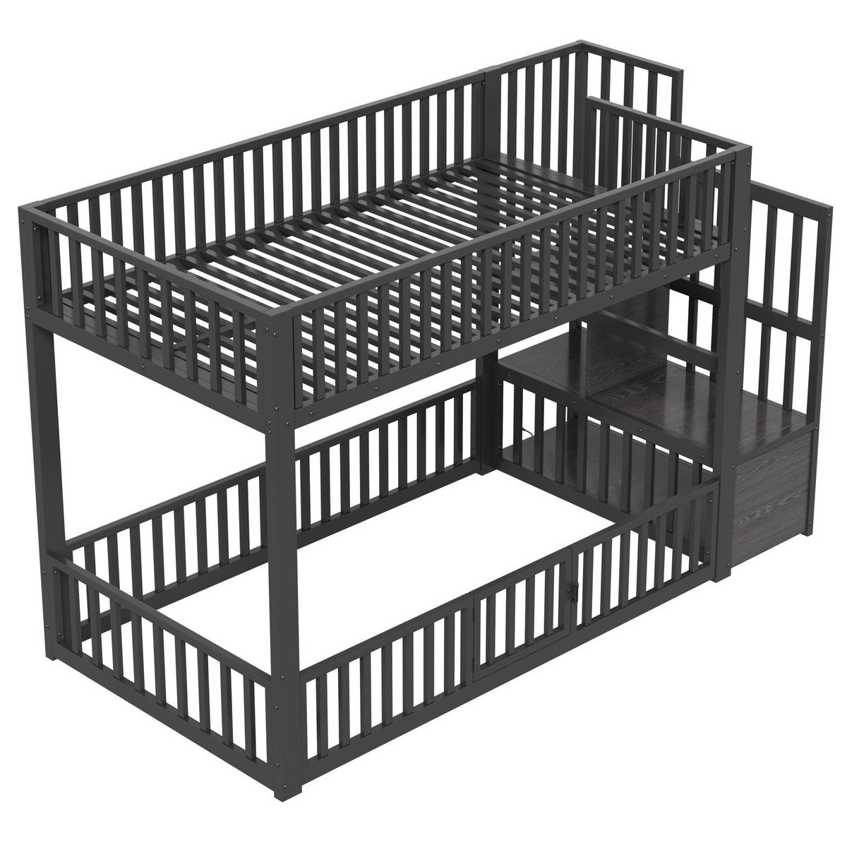 ETAGENBETT 90/200 cm mit LED-Beleuchtung, Stauraumleiter und Schutzgitter, Metall & MDF, Schwarz - Schwarz, Holzwerkstoff (90/200cm) - Redom