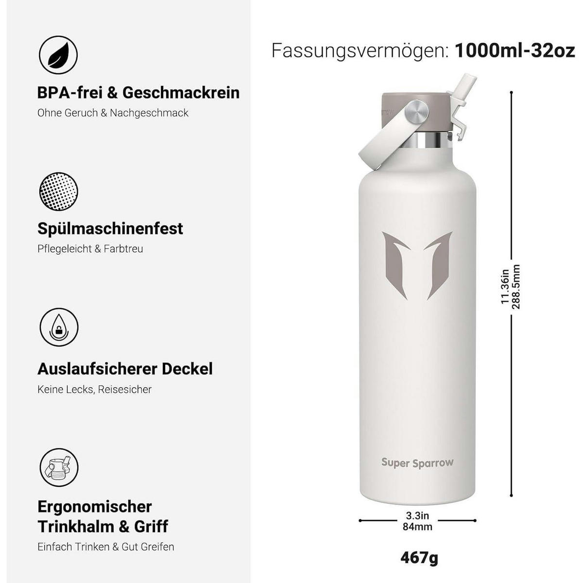 TRINKFLASCHE Edelstahl 1000 ml Grau - Grau, Metall (8.5/8.5cm)