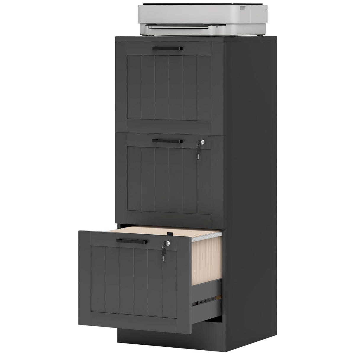 AKTENSCHRANK DE-14480 3 Schubladen abschließbar mit Hängeakten Schwarz - Schwarz, Holzwerkstoff (40/101/40cm) - ComfortXL
