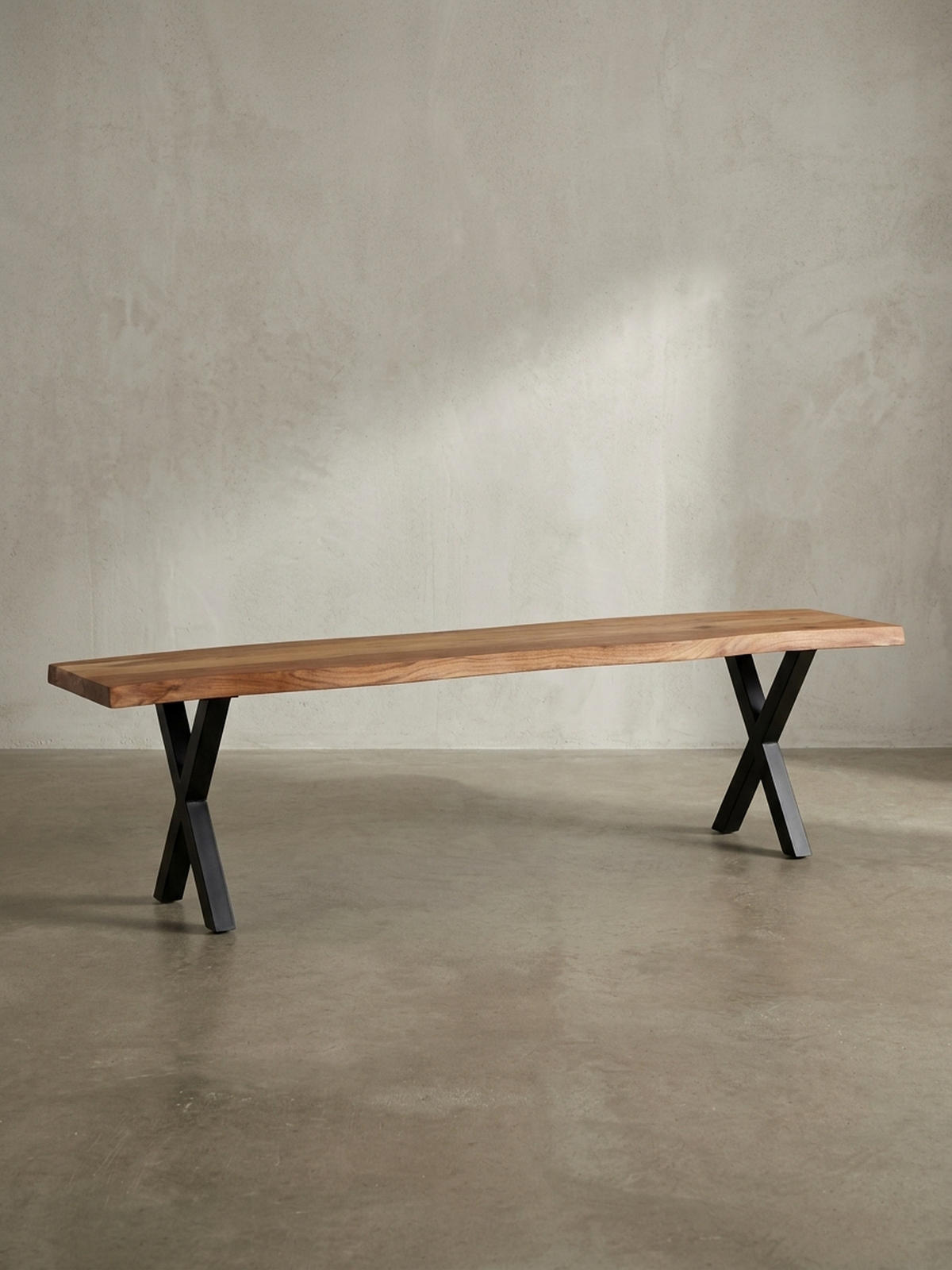 ESSZIMMERBANK Massivholz Metall Baumkante X-Beine, Akazie 140x40x46 cm - Schwarz/Braun, Holz/Metall (140/46/40cm) - KADIMA DESIGN