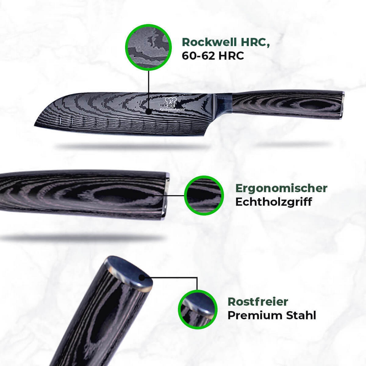 MESSER-SET 8-tlg. mit Edelstahlklingen und ergonomischen Pakkaholz-Griffen - Schwarz, Metall - Küchenkompane