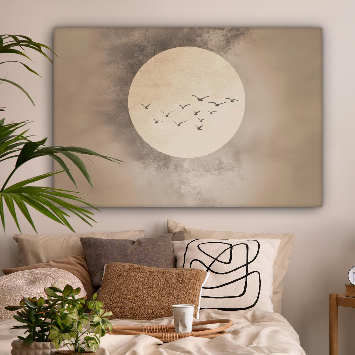 LEINWANDBILD Vogel - Beige - Japanisch XXL 150x100 cm - Taupe, Textil (150/100cm) - MuchoWow