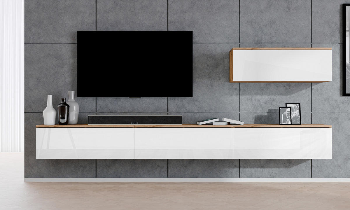WOHNWAND Loriano IV Eiche, Wotan, Weiß Hochglanz 300/68/32 cm Anbauwand - Braun/Weiß, Holzwerkstoff/Kunststoff (300/68/32cm) - AX Living